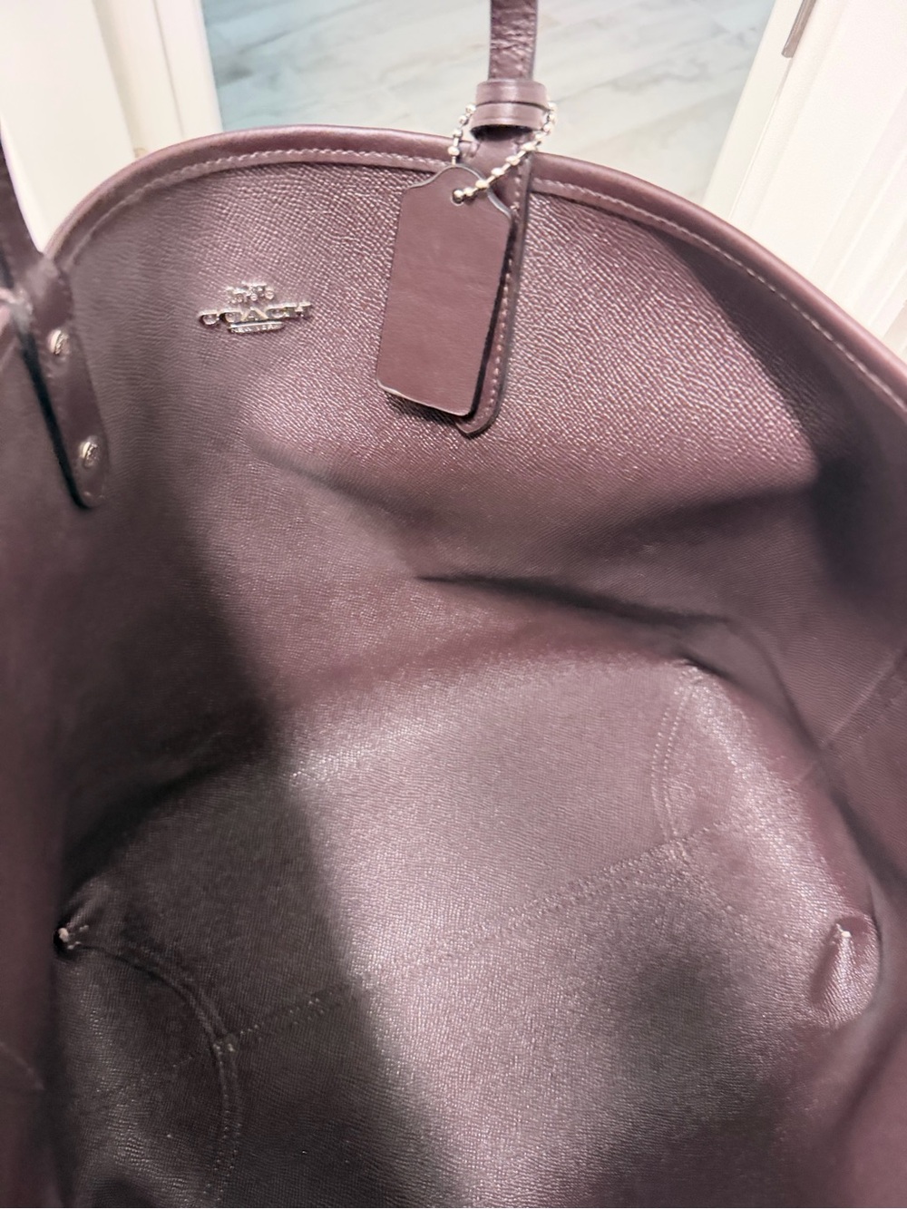 Reversible Coach Tote in Khaki/Chalk with Dark Brown/burgundy Trim and Handles. - Picture 2 of 2